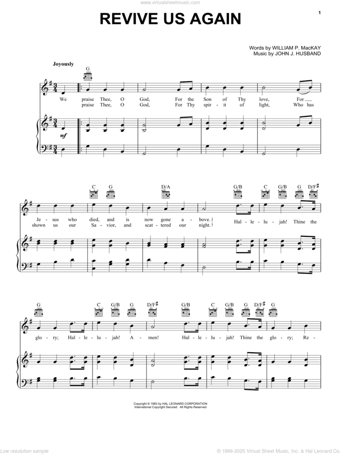 Revive Us Again sheet music for voice, piano or guitar by John J. Husband and William P. MacKay, intermediate skill level