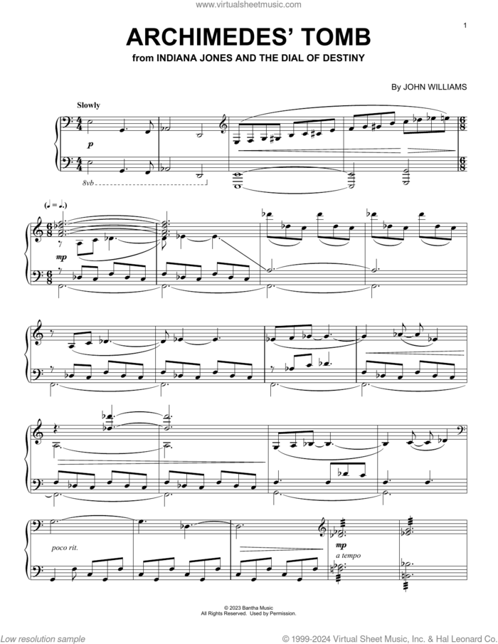 Archimedes' Tomb (from Indiana Jones and the Dial of Destiny) sheet music for piano solo by John Williams, intermediate skill level
