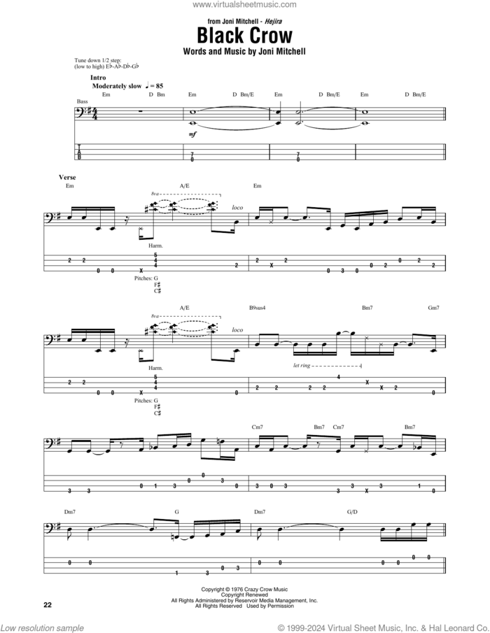 Black Crow sheet music for bass (tablature) (bass guitar) by Joni Mitchell and Jaco Pastorius, intermediate skill level