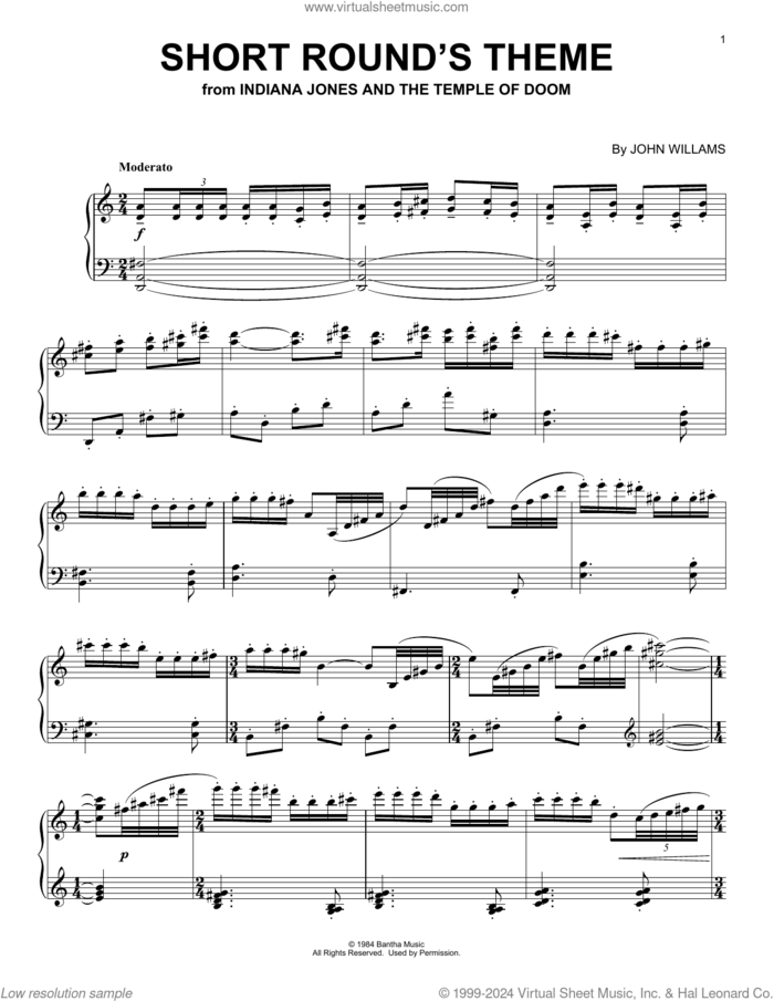 Short Round's Theme (from Indiana Jones and the Temple of Doom) sheet music for piano solo by John Williams, intermediate skill level