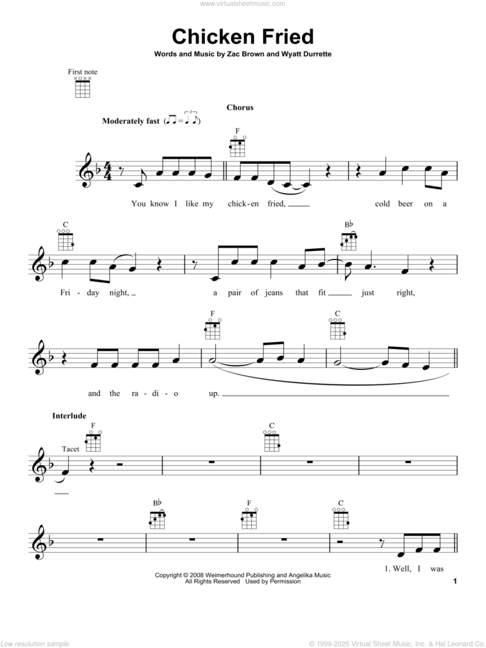 Chicken Fried sheet music for ukulele by Zac Brown Band, Wyatt Durrette and Zac Brown, intermediate skill level