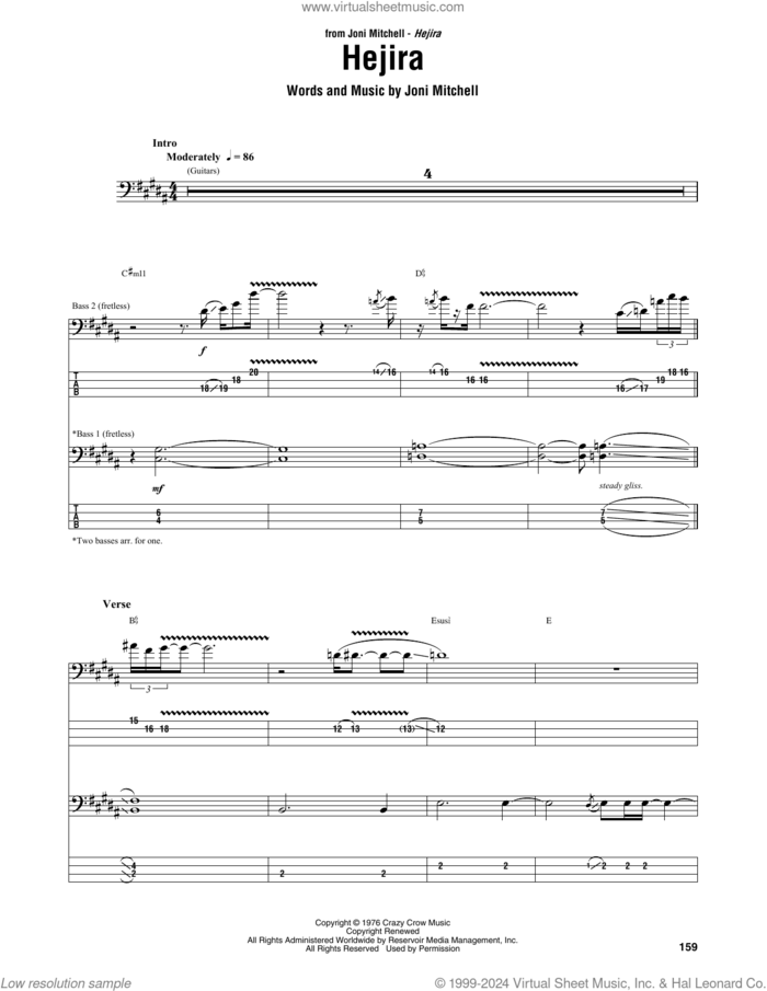 Hejira sheet music for bass (tablature) (bass guitar) by Joni Mitchell and Jaco Pastorius, intermediate skill level