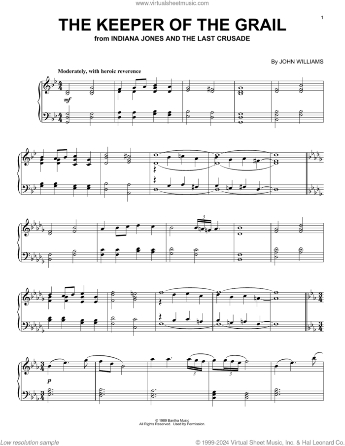 The Keeper Of The Grail (from Indiana Jones and the Last Crucade) sheet music for piano solo by John Williams, intermediate skill level