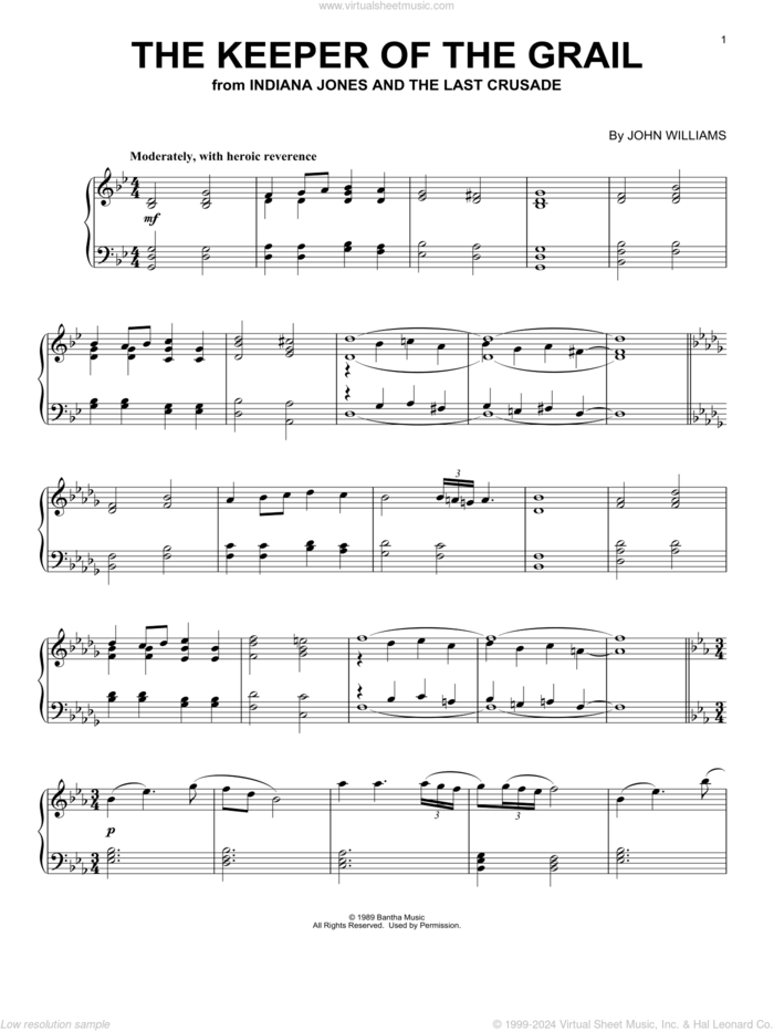 The Keeper Of The Grail (from Indiana Jones and the Last Crucade) sheet music for piano solo by John Williams, intermediate skill level