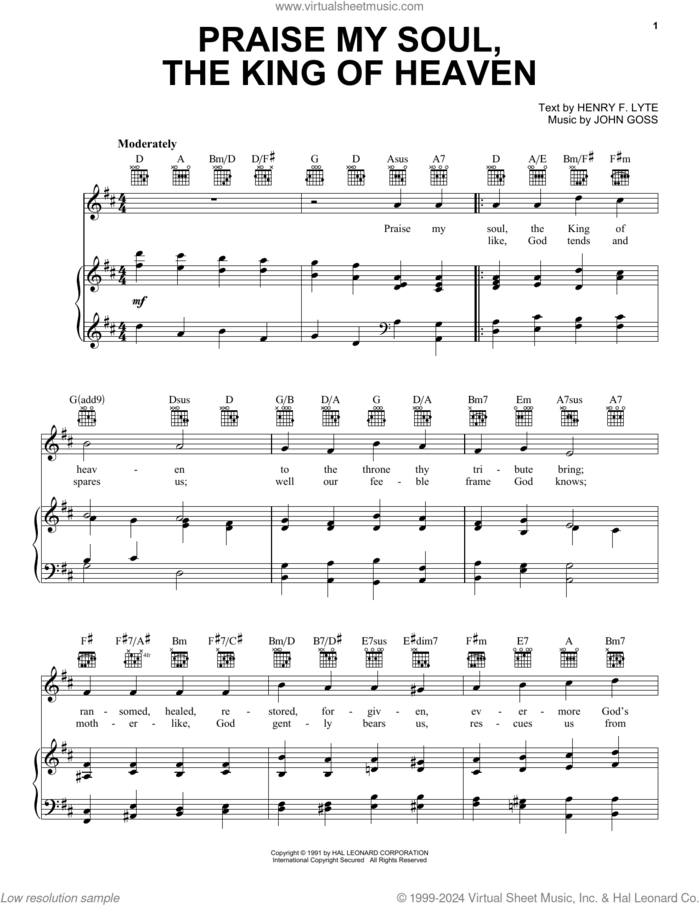 Praise, My Soul, The King Of Heaven sheet music for voice, piano or guitar by Henry F. Lyte and John Goss, classical score, intermediate skill level