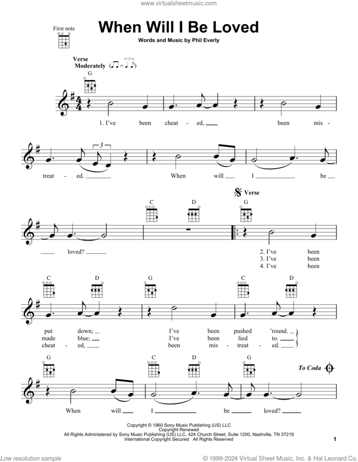 When Will I Be Loved sheet music for ukulele by Linda Ronstadt and Phil Everly, intermediate skill level