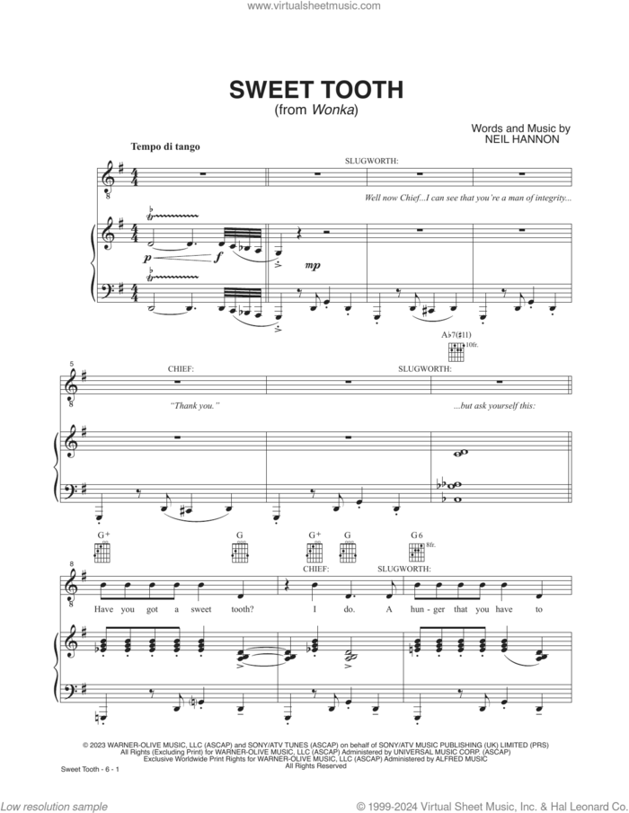 Sweet Tooth (from Wonka) sheet music for voice and piano by Neil Hannon, intermediate skill level