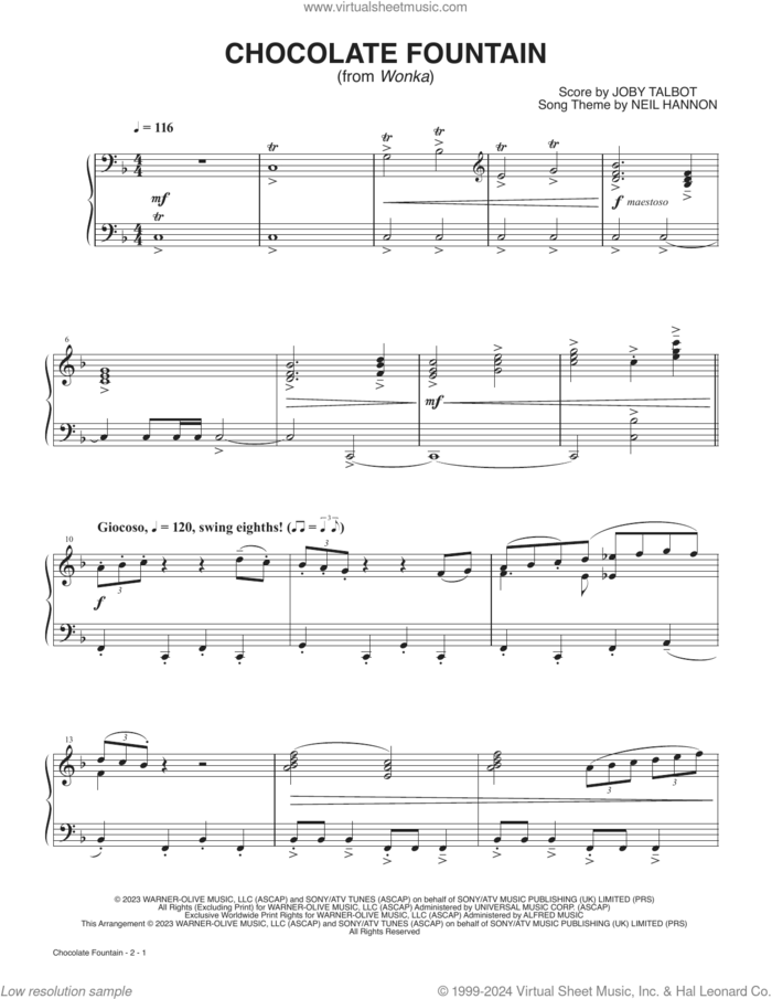 Chocolate Fountain (from Wonka) sheet music for piano solo by Joby Talbot and Neil Hannon, intermediate skill level