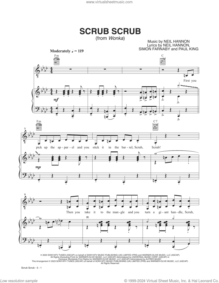 Scrub Scrub (from Wonka) sheet music for voice and piano by Neil Hannon, Paul King and Simon Farnaby, intermediate skill level