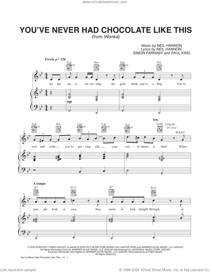 You've Never Had Chocolate Like This (from Wonka) sheet music for voice and piano by Timothée Chalamet, Neil Hannon, Paul King and Simon Farnaby, intermediate skill level