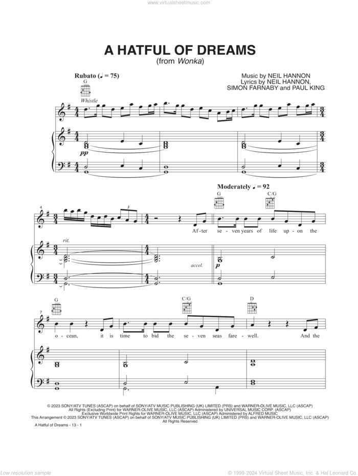 A Hatful Of Dreams (from Wonka) sheet music for voice and piano by Timothée Chalamet, Neil Hannon, Paul King and Simon Farnaby, intermediate skill level