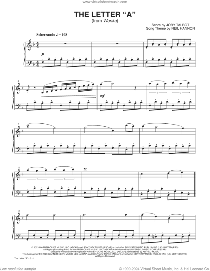 The Letter 'A' (from Wonka) sheet music for piano solo by Neil Hannon and Joby Talbot, intermediate skill level