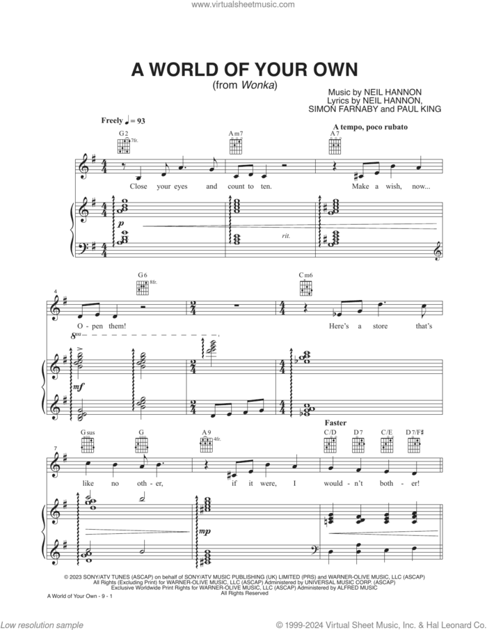 A World Of Your Own (from Wonka) sheet music for voice and piano by Timothée Chalamet, Neil Hannon, Paul King and Simon Farnaby, intermediate skill level