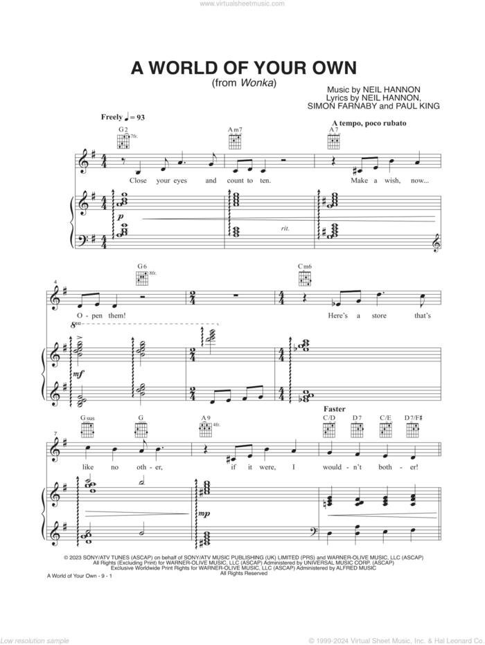 A World Of Your Own (from Wonka) sheet music for voice and piano by Timothée Chalamet, Neil Hannon, Paul King and Simon Farnaby, intermediate skill level