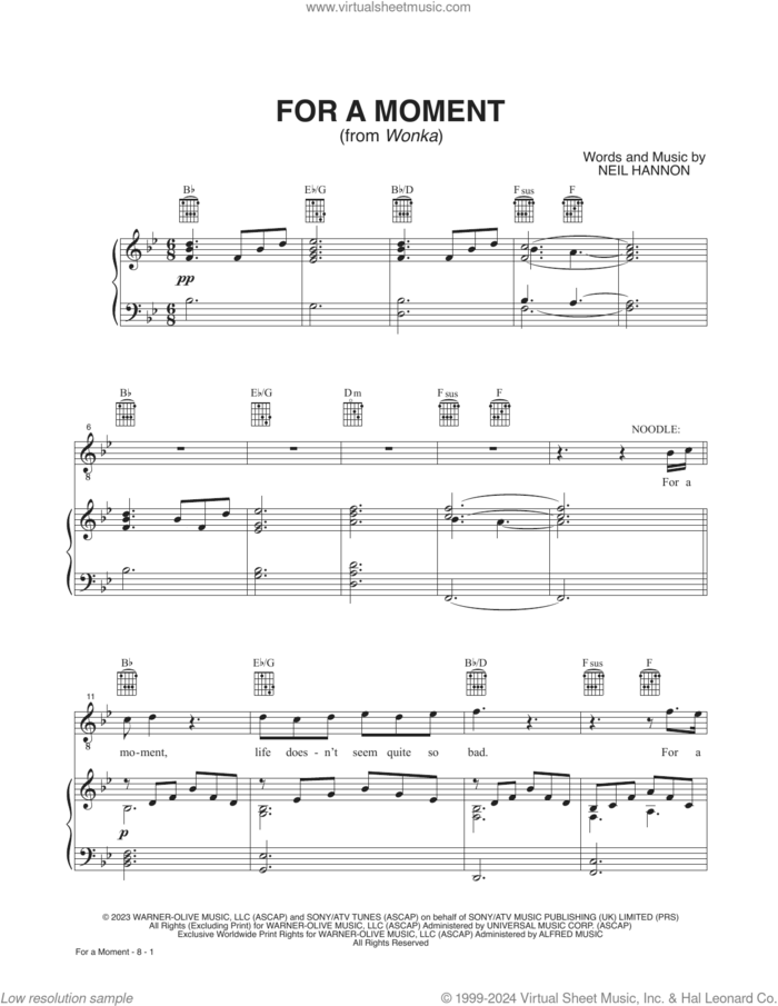 For A Moment (from Wonka) sheet music for voice and piano by Calah Lane & Timothée Chalamet and Neil Hannon, intermediate skill level