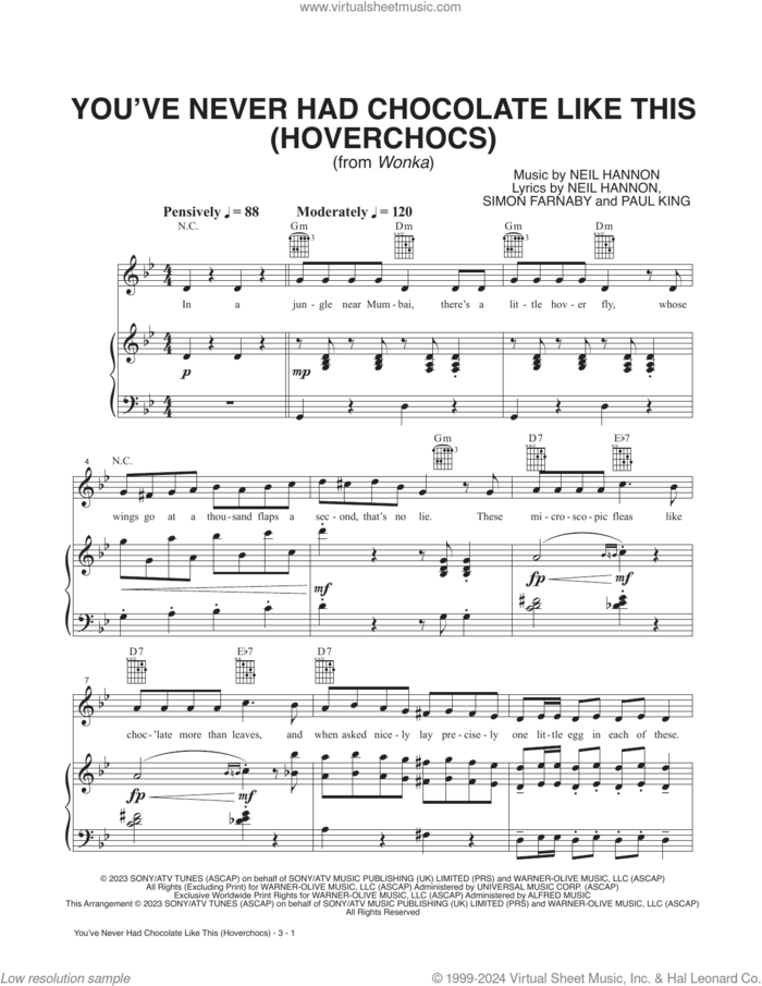 You've Never Had Chocolate Like This (Hoverchocs) (from Wonka) sheet music for voice and piano by Timothée Chalamet, Neil Hannon, Paul King and Simon Farnaby, intermediate skill level