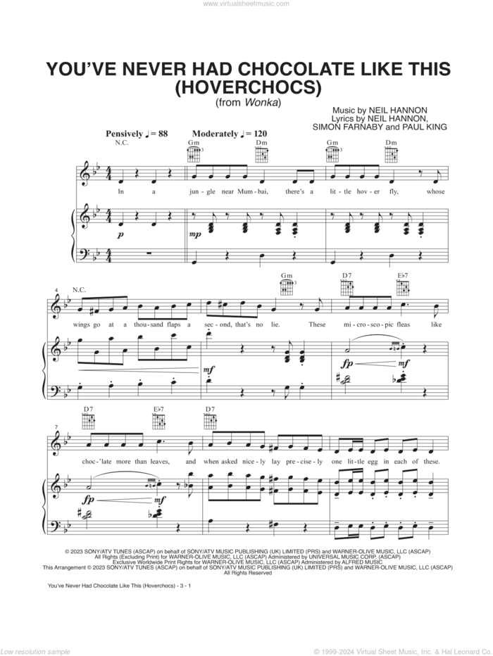 You've Never Had Chocolate Like This (Hoverchocs) (from Wonka) sheet music for voice and piano by Timothée Chalamet, Neil Hannon, Paul King and Simon Farnaby, intermediate skill level