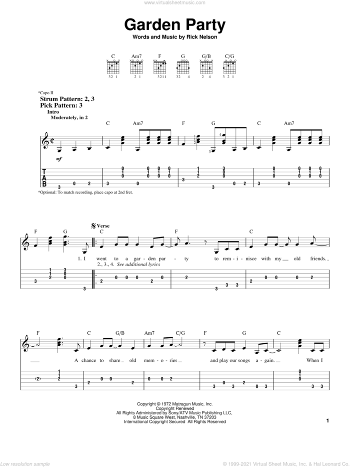 Garden Party sheet music for guitar solo (easy tablature) by Ricky Nelson, easy guitar (easy tablature)