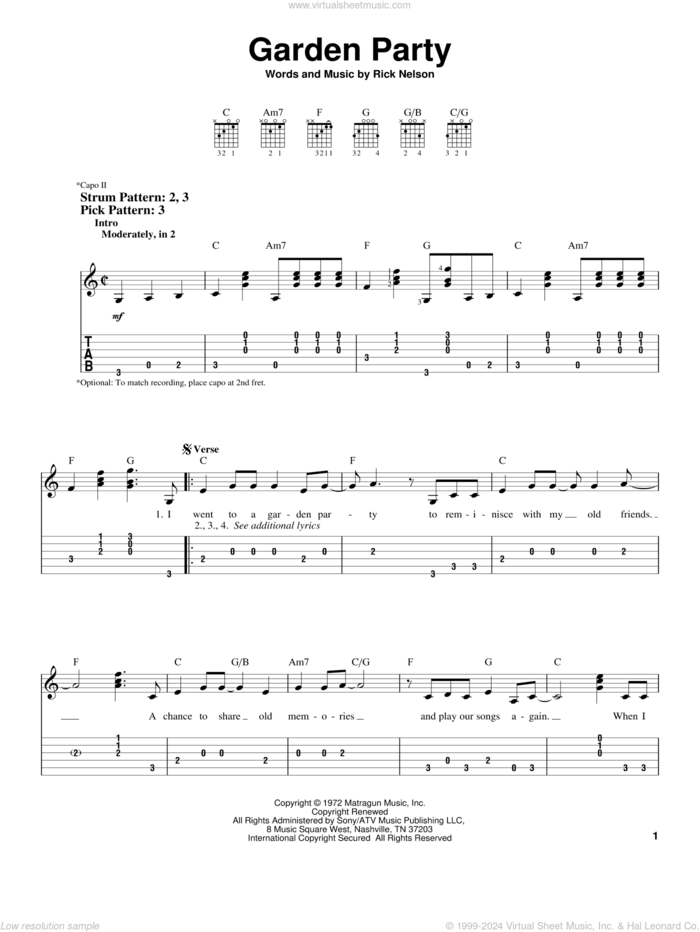 Garden Party sheet music for guitar solo (easy tablature) by Ricky Nelson, easy guitar (easy tablature)