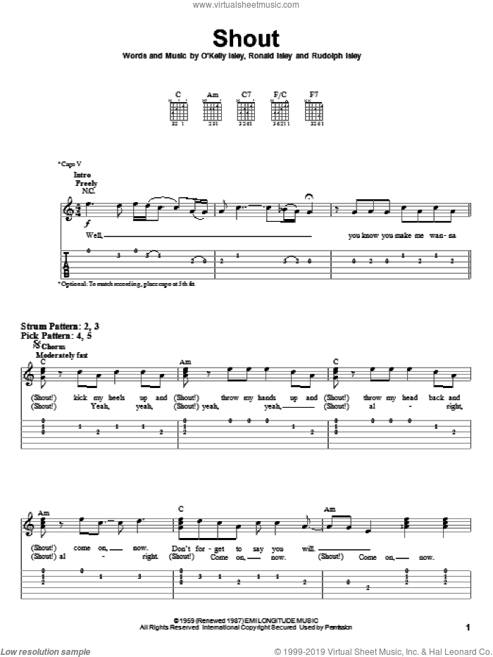 Shout sheet music for guitar solo (easy tablature) by The Isley Brothers, O Kelly Isley, Ronald Isley and Rudolph Isley, easy guitar (easy tablature)