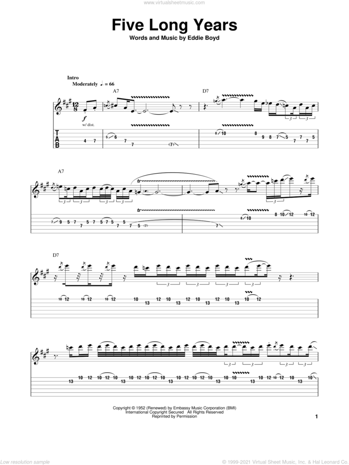 Five Long Years sheet music for guitar (tablature, play-along) by Eddie Boyd, Buddy Guy and Eric Clapton, intermediate skill level