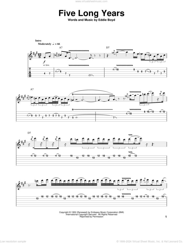 Five Long Years sheet music for guitar (tablature, play-along) by Eddie Boyd, Buddy Guy and Eric Clapton, intermediate skill level