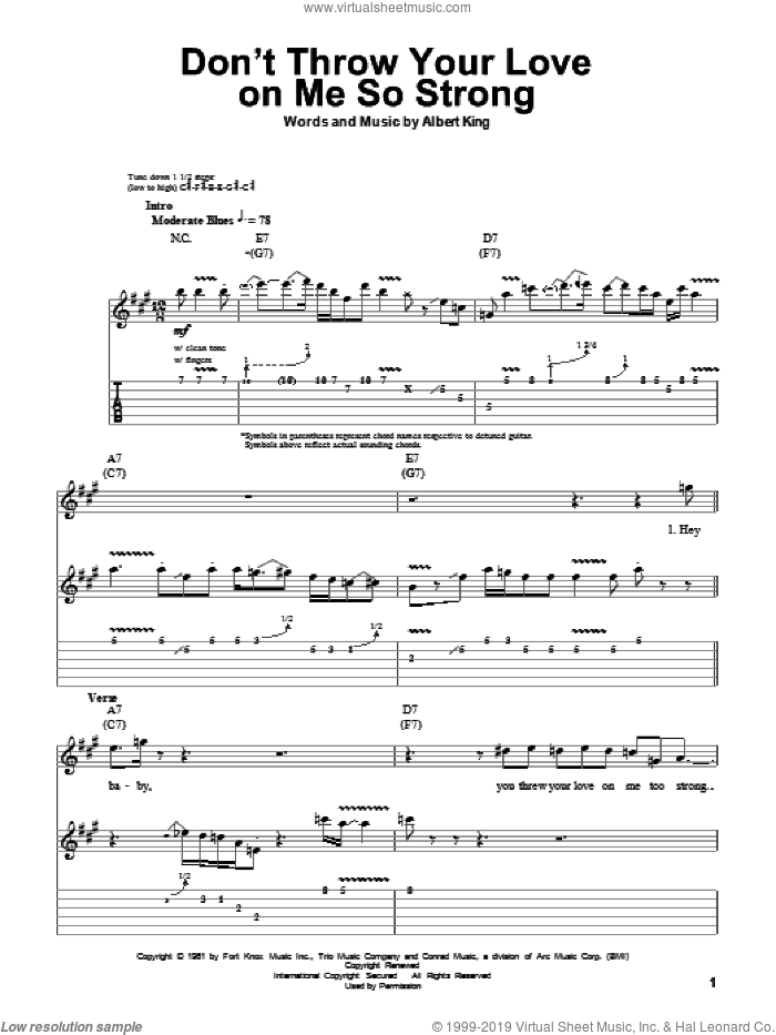 Don't Throw Your Love On Me So Strong sheet music for guitar (tablature, play-along) by Albert King, intermediate skill level