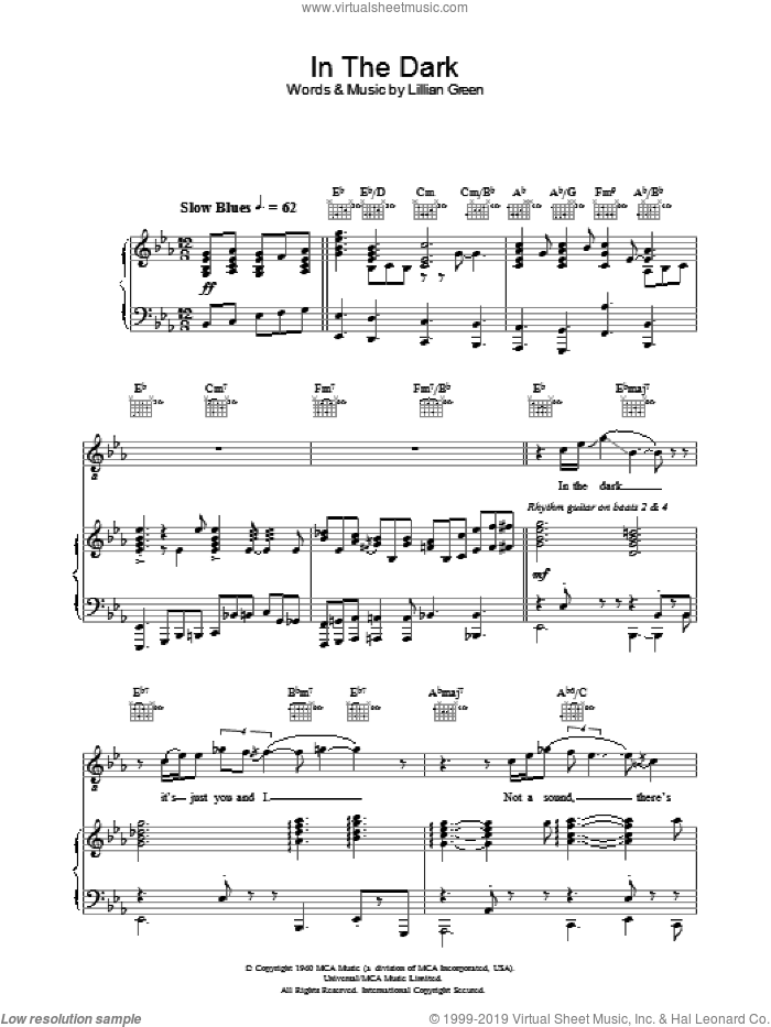 In The Dark sheet music for voice, piano or guitar by Norah Jones and Jools Holland, intermediate skill level