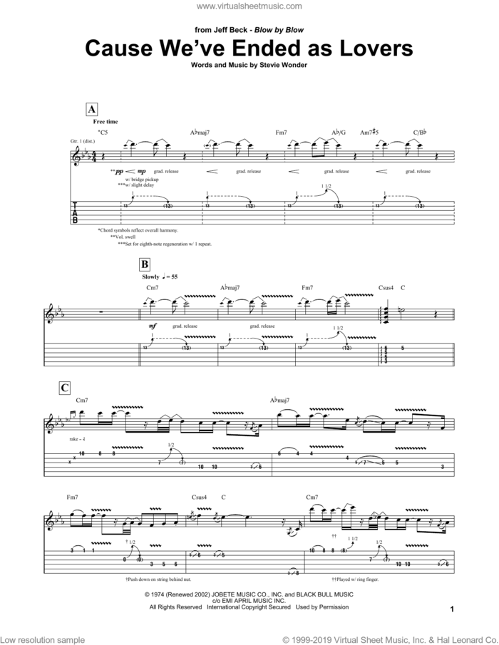 Cause We've Ended As Lovers sheet music for guitar (tablature) by Jeff Beck and Stevie Wonder, intermediate skill level