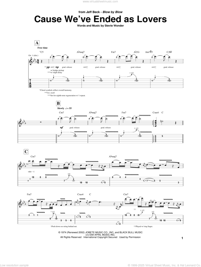 Cause We've Ended As Lovers sheet music for guitar (tablature) by Jeff Beck and Stevie Wonder, intermediate skill level