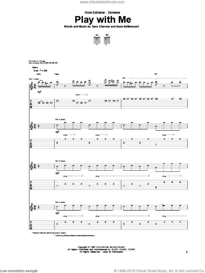 Play With Me sheet music for guitar (tablature) by Extreme, Gary Cherone and Nuno Bettencourt, intermediate skill level