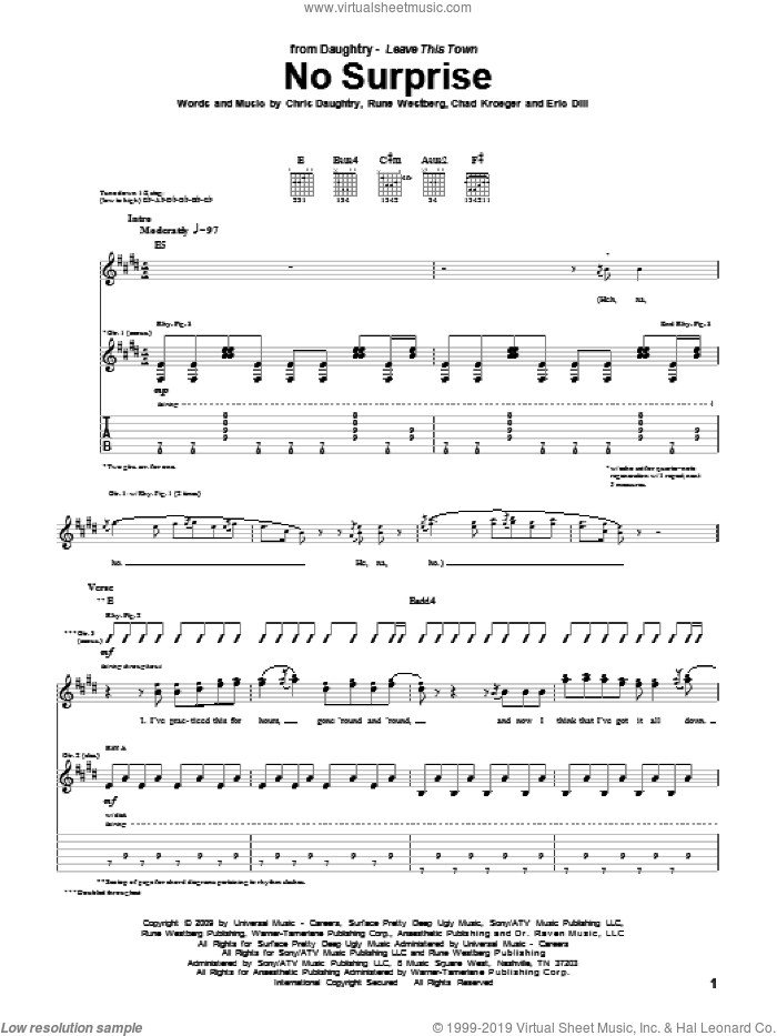 No Surprise sheet music for guitar (tablature) by Daughtry, Chad Kroeger, Chris Daughtry, Eric Dill and Rune Westberg, intermediate skill level