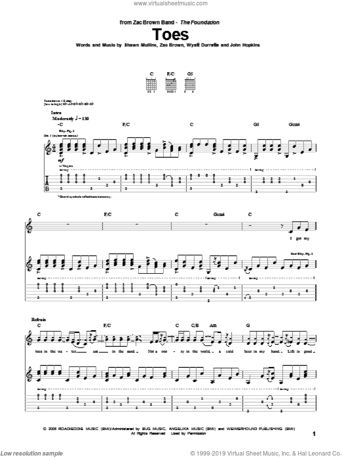 Toes sheet music for guitar (tablature) by Zac Brown Band, John Hopkins, Shawn Mullins, Wyatt Durrette and Zac Brown, intermediate skill level