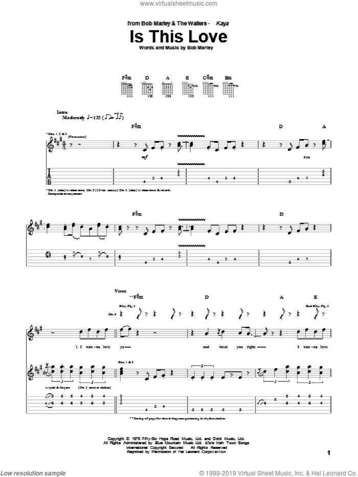 Is This Love sheet music for guitar (tablature) by Bob Marley, intermediate skill level