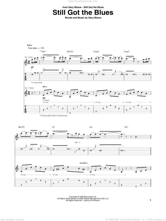 Still Got The Blues sheet music for guitar (tablature) by Gary Moore, intermediate skill level