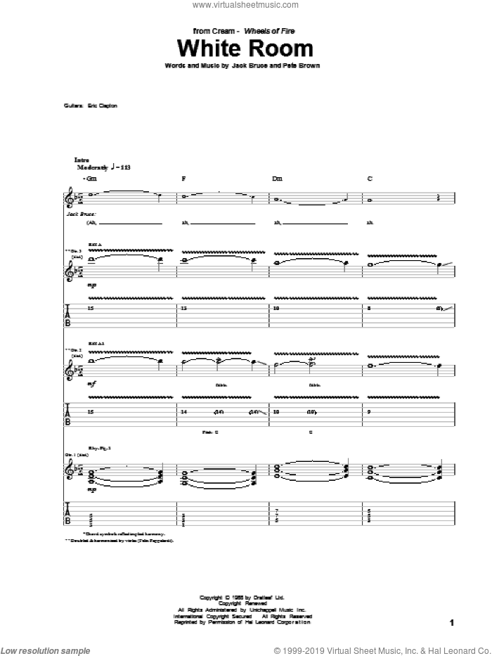 White Room sheet music for guitar (tablature) by Cream, Eric Clapton, Jack Bruce and Pete Brown, intermediate skill level