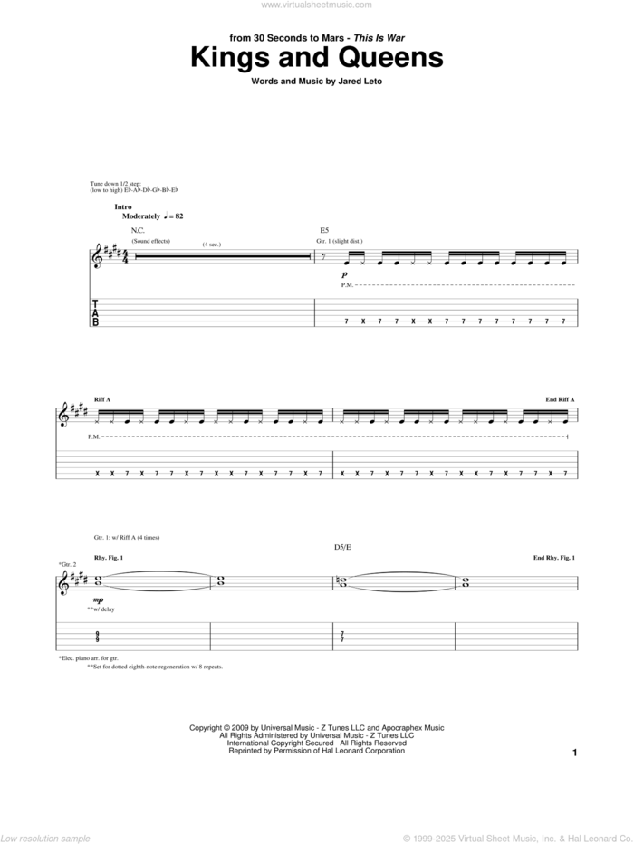 Kings And Queens sheet music for guitar (tablature) by 30 Seconds To Mars and Jared Leto, intermediate skill level