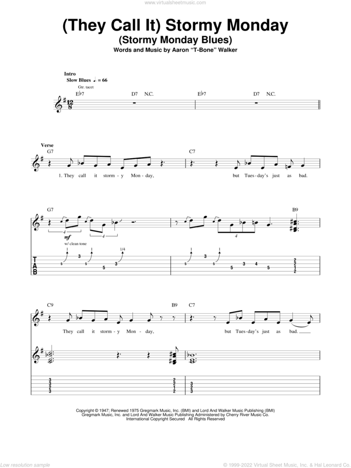 (They Call It) Stormy Monday (Stormy Monday Blues) sheet music for guitar (tablature, play-along) by Aaron 'T-Bone' Walker, intermediate skill level