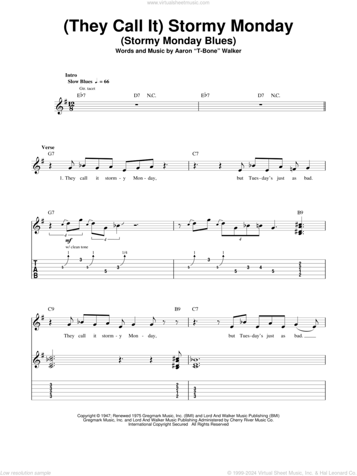 (They Call It) Stormy Monday (Stormy Monday Blues) sheet music for guitar (tablature, play-along) by Aaron 'T-Bone' Walker, intermediate skill level