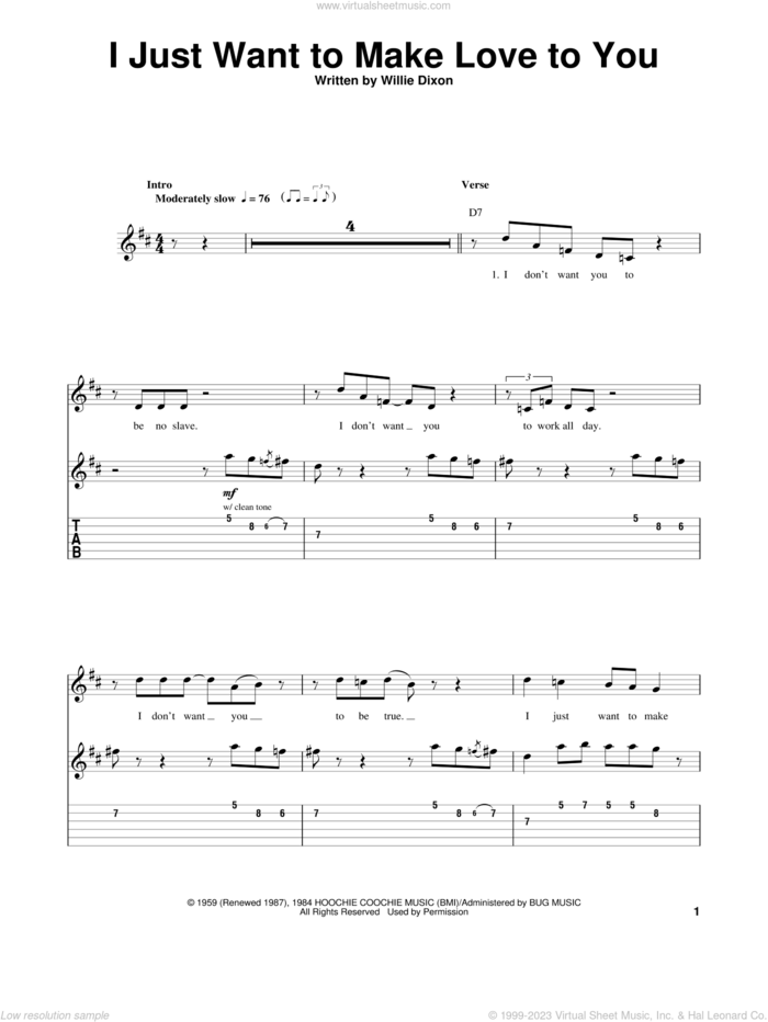 I Just Want To Make Love To You sheet music for guitar (tablature, play-along) by Muddy Waters, Foghat and Willie Dixon, intermediate skill level