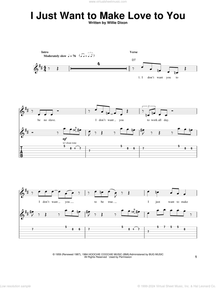 I Just Want To Make Love To You sheet music for guitar (tablature, play-along) by Muddy Waters, Foghat and Willie Dixon, intermediate skill level