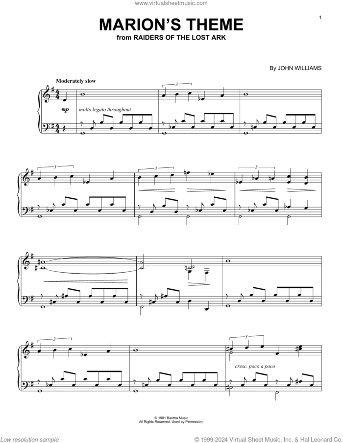 Marion's Theme (from Raiders Of The Lost Ark) sheet music for piano solo by John Williams, intermediate skill level