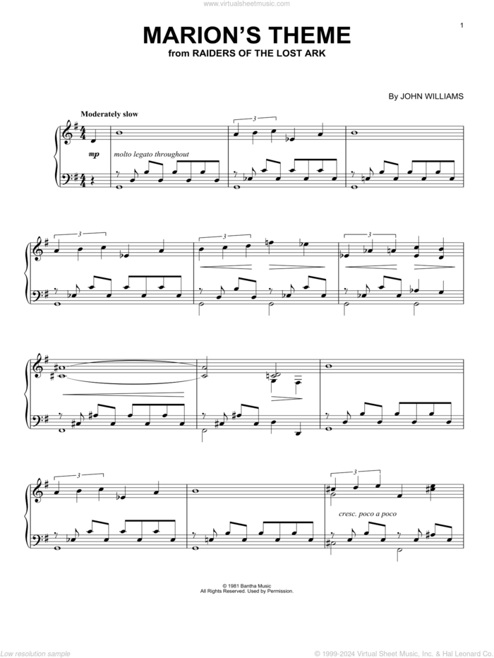 Marion's Theme (from Raiders Of The Lost Ark) sheet music for piano solo by John Williams, intermediate skill level