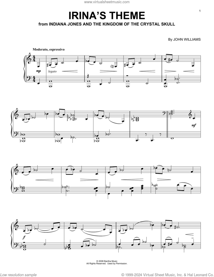 Irina's Theme (from Indiana Jones - Kingdom of the Crystal Skull) sheet music for piano solo by John Williams, intermediate skill level