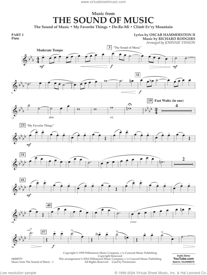 Music from The Sound Of Music (arr. Vinson) sheet music for concert band (pt.1 - flute) by Richard Rodgers, Johnnie Vinson, Oscar II Hammerstein and Rodgers & Hammerstein, intermediate skill level