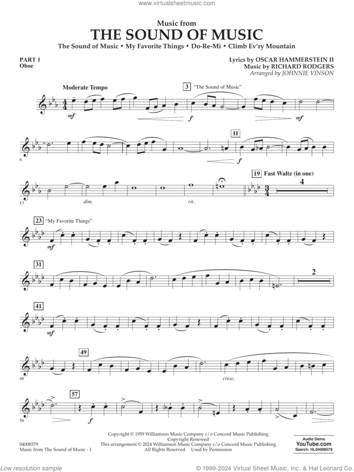 Music from The Sound Of Music (arr. Vinson) sheet music for concert band (pt.1 - oboe) by Richard Rodgers, Johnnie Vinson, Oscar II Hammerstein and Rodgers & Hammerstein, intermediate skill level