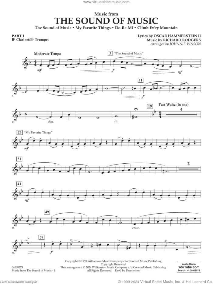 Music from The Sound Of Music (arr. Vinson) sheet music for concert band (Bb clarinet/bb trumpet) by Richard Rodgers, Johnnie Vinson, Oscar II Hammerstein and Rodgers & Hammerstein, intermediate skill level