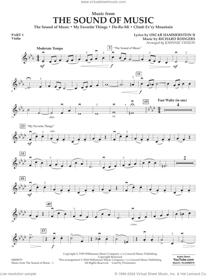 Music from The Sound Of Music (arr. Vinson) sheet music for concert band (pt.1 - violin) by Richard Rodgers, Johnnie Vinson, Oscar II Hammerstein and Rodgers & Hammerstein, intermediate skill level