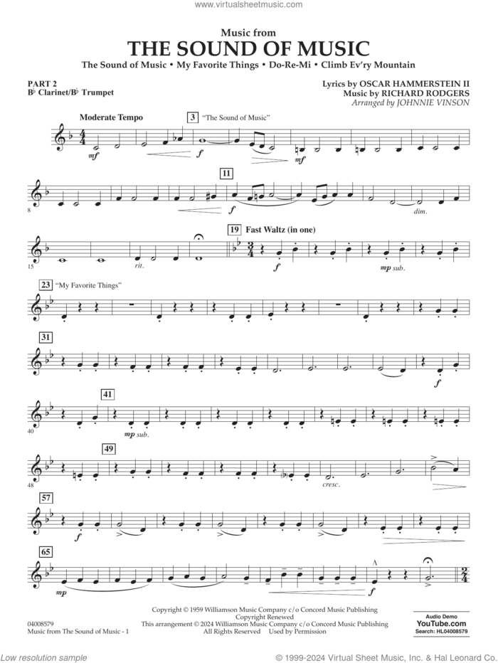 Music from The Sound Of Music (arr. Vinson) sheet music for concert band (Bb clarinet/bb trumpet) by Richard Rodgers, Johnnie Vinson, Oscar II Hammerstein and Rodgers & Hammerstein, intermediate skill level