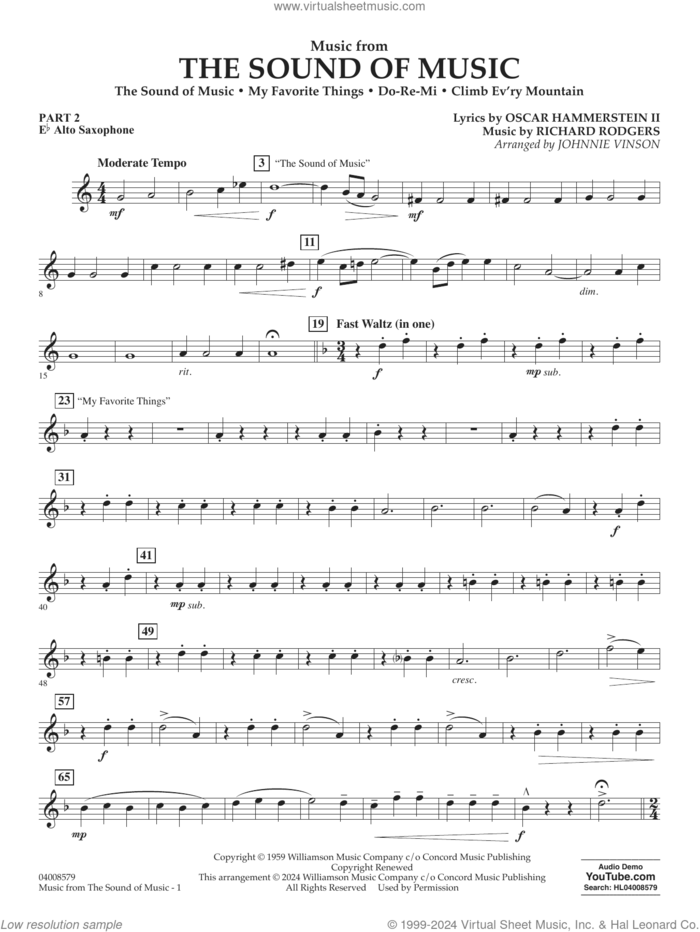 Music from The Sound Of Music (arr. Vinson) sheet music for concert band (pt.2 - Eb alto saxophone) by Richard Rodgers, Johnnie Vinson, Oscar II Hammerstein and Rodgers & Hammerstein, intermediate skill level